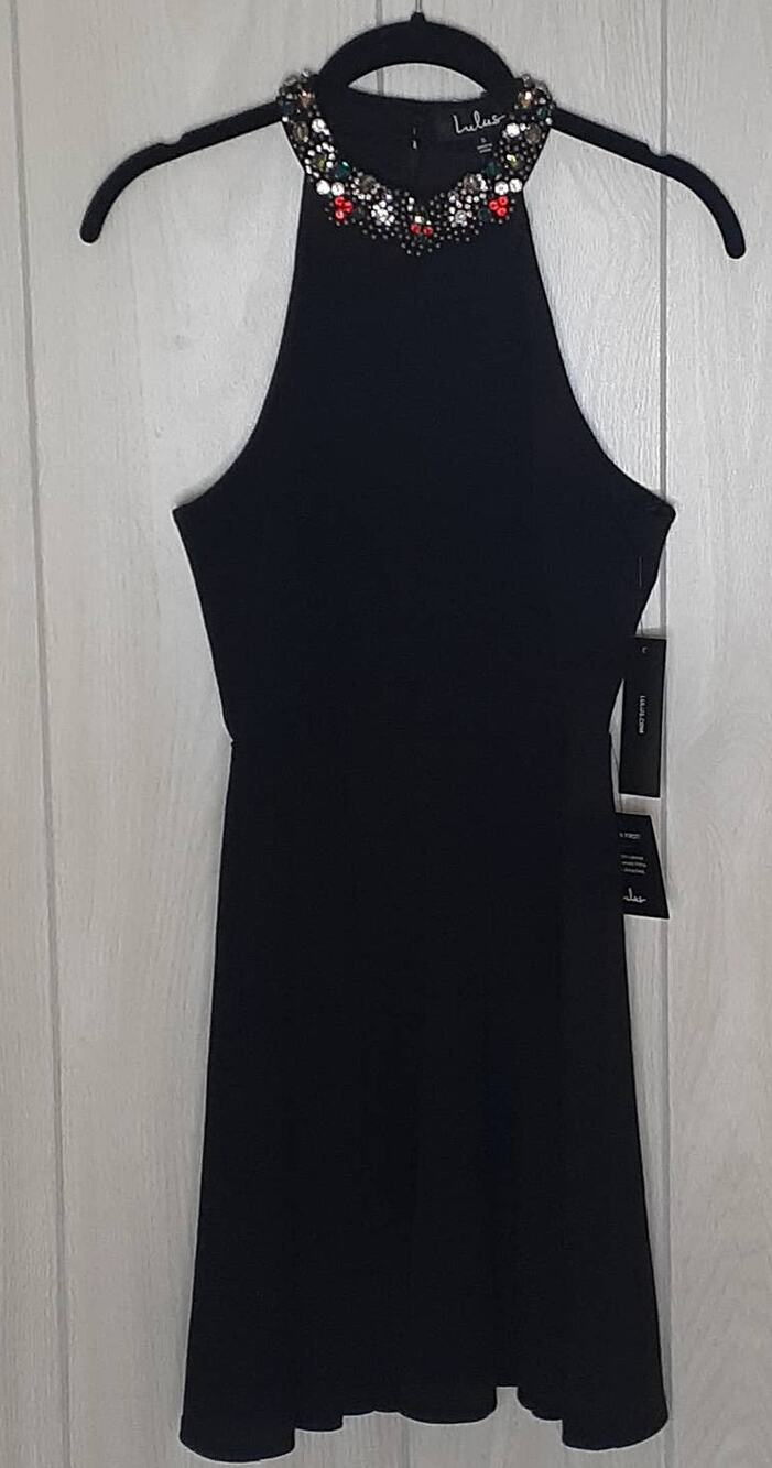 NWT Lulus Black Sleeveless Collar Embellished Fit and Flare Mini Dress Size S